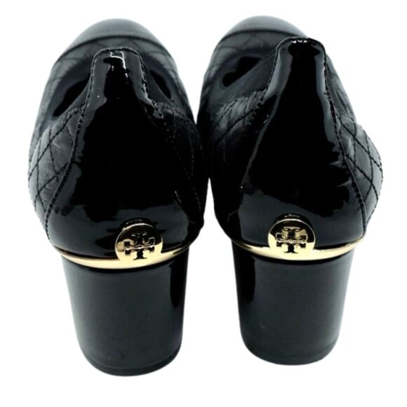 TORY BURCH~Carrie~QUILTED BLACK LEATHER CAP TOE PUMPS SHOES GOLD LOGO 10 - Picture 5 of 7